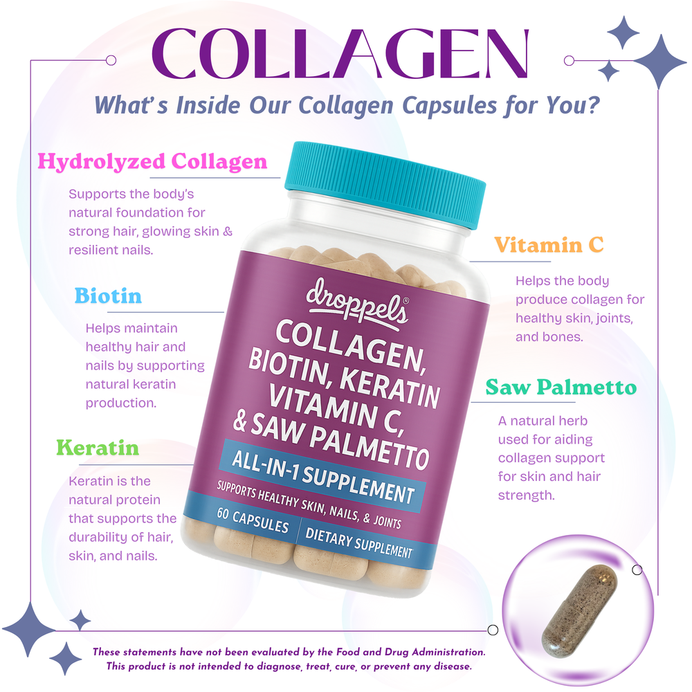 
                  
                    Droppels Collagen Capsules – Advanced Collagen + Biotin + Keratin + Vitamin C | Hair, Skin, Nails & Joint Support – 60 Count
                  
                